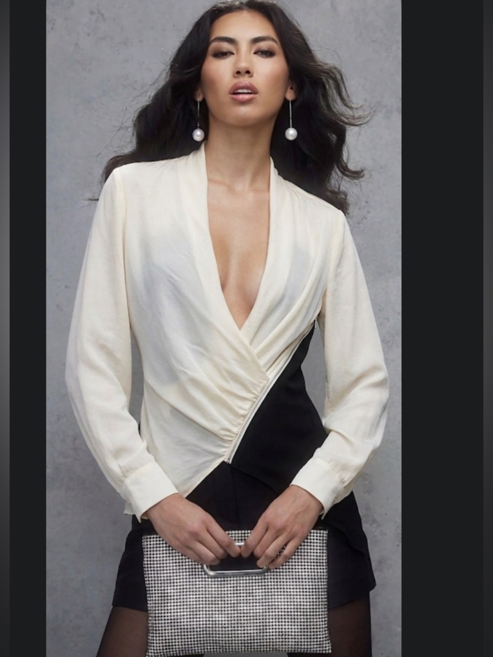 Bebe Rare 100% Silk Asymmetrical Colorblock Wrap Blouse Size L Y2K